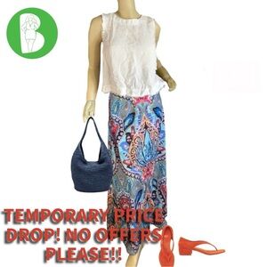 MULTI COLOR PRINT KNIT PULL ON ELASTIC WAIST MAXI SKIRT (L)